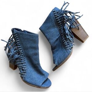 Rampage Denim Fringe Open Toe Heels Western Boho